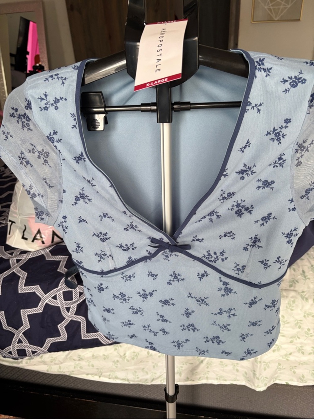Aeropostale Light Blue Floral Mesh Crop Top with Navy Trim